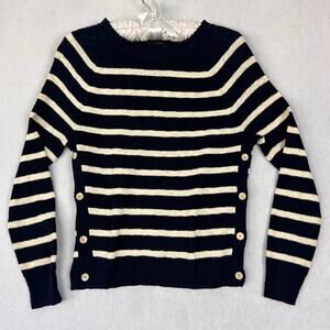 J. Crew Knit Sweater Small Vivian Navy Ivory Stripe Side Button Cotton Blend